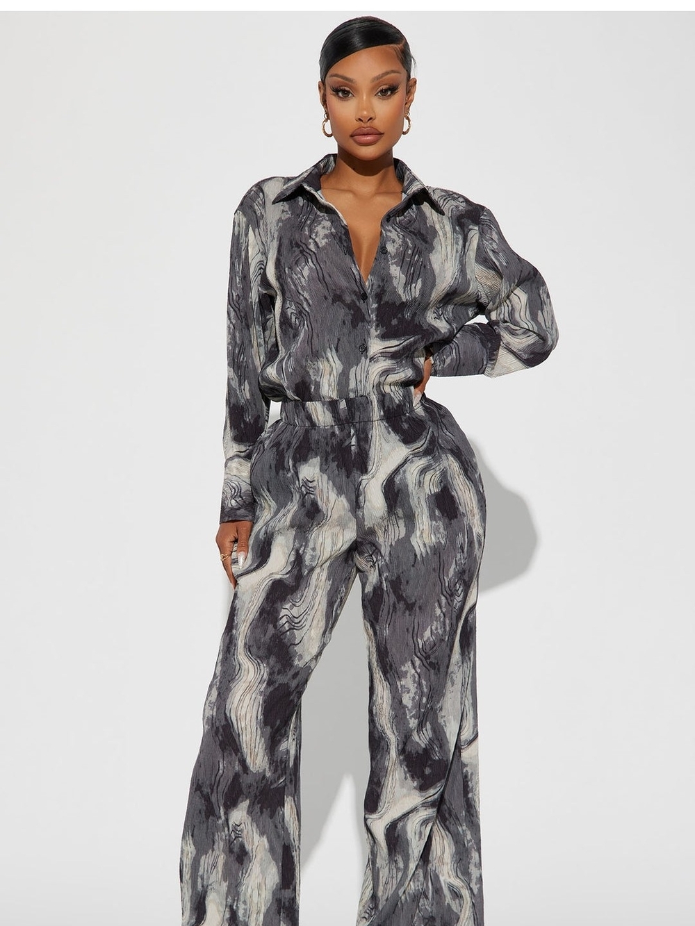 Marble Print Wide-Leg 2 Piece Set- Multi Gray